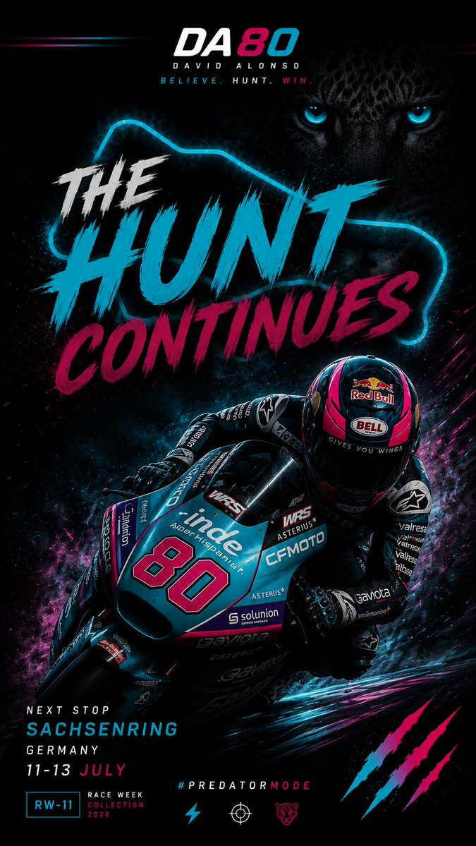 AGM_PSICOLOGO's tweet photo. THE HUNT CONTINUES.
The next challenge is already here.
🇩🇪 Sachsenring
11–13 July
One race at a time.
Believe. Hunt. Win. 🐆
@AsparTeam @ATorrejondelRey @deportesclm @gobjccm @ManuTormo @CANALGUDEPORTES #davidalonso80 #motogp #Moto2 #GermanGP #PredatorMode #RaceWeek https://t.co/gcReXbsaep