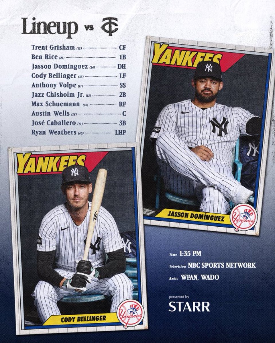 CoolYanksFan's tweet photo. #YankeesFans here's this afternoons @Yankees lineup as @Yankees look to win the series over the @Twins with a bit of a different lineup and look to weather the storms and games with @Yankees @RyanDWeathers25 on the mound 

#LetsGoYankees
#RepBX vs #MNTwins 
#YankeesBaseball https://t.co/N3EIHu4kT4