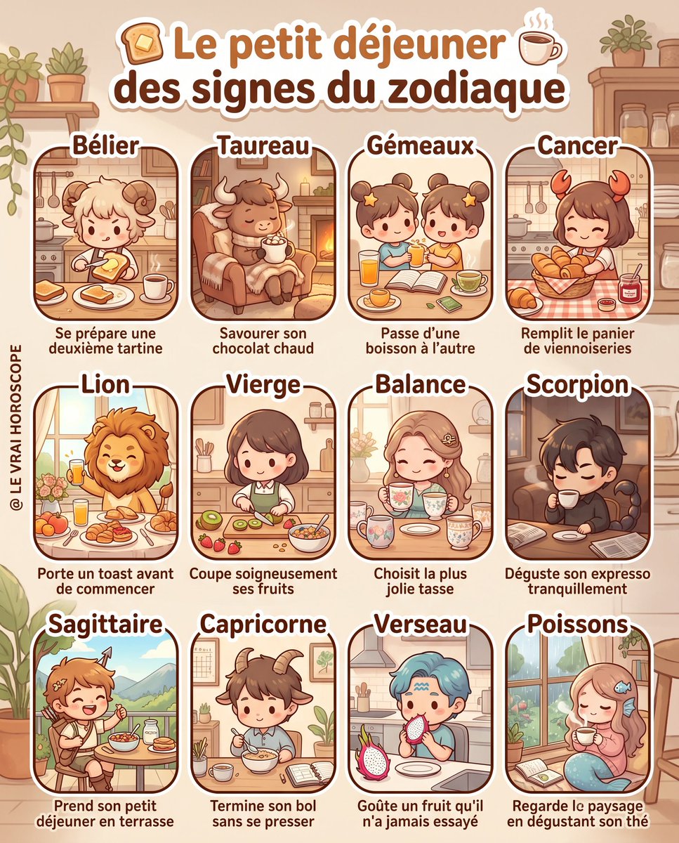 LeVraiHoroscope's tweet photo. 🍞 LE PETIT DÉJEUNER DES SIGNES DU ZODIAQUE

Tartines rapides, chocolat chaud, fruits coupés avec soin ou moment contemplatif… chaque signe commence sa journée avec un rituel qui lui ressemble parfaitement. ✨

#Astrologie #Zodiaque #Horoscope https://t.co/PFyDjwYDEg
