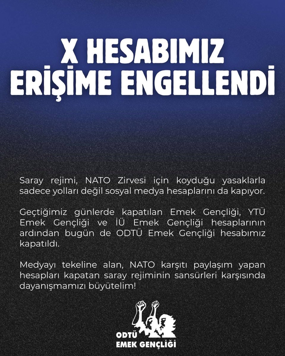 eg_odtu's tweet photo. X hesabımız erişime engellendi!

Saray rejiminin baskı ve sansürleri karşısında dayanışmamızı büyütelim! https://t.co/Wr5EqKBBs8