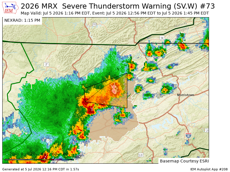 ETSKYWARN's tweet photo. MRX updates Severe Thunderstorm Warning [wind: 60 MPH (RADAR INDICATED), hail: 0.75 IN (RADAR INDICATED)] (cancels Campbell [TN], continues Anderson, Knox, Union [TN]) till 1:45 PM EDT https://t.co/zJkJai8sdI https://t.co/1mhHOb0Xu2