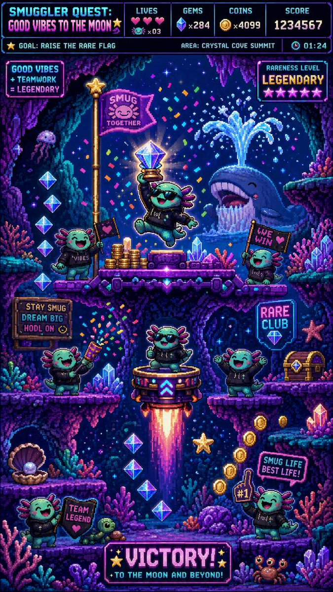 smugolot's tweet photo. #Smuglantis LIVES! ๐๐๐โจ
We've officially made it to the Crystal Cove Summit and raised the legendary flag of #Smug Together!
This isn't just about the treasure haul (though look at those gems and coins!). It's about the journey. With every #Smugger on the team, weโre all levelling up in life, collecting Rare Club status and living that 'Smug Life Best Life'!
Check out our epic quest in the photo.
Join us : https://t.co/iKxduA4d71
#Smugolot #crypto #Altcoins #CryptoGem #solana #CryptoCommunity #ToTheMoon #100xGem #NextBigThing