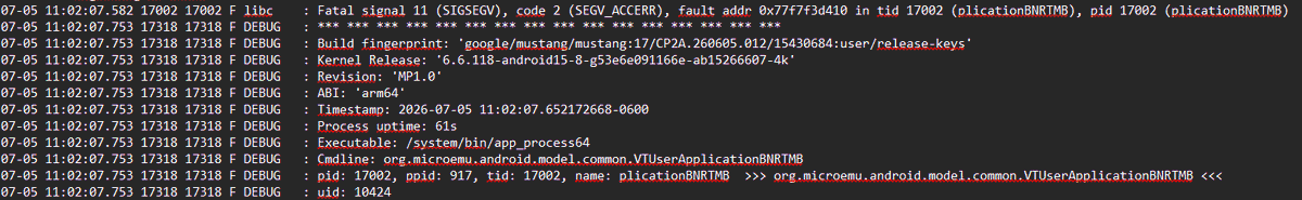 ToxZeak's tweet photo. Si tienes un Pixel y Banorte Móvil se cierra sola, no pierdas tiempo reiniciando, reinstalando, borrando cache, no es tu culpa. 

La app tiene un error fatal (SIGSEGV) en sus librerías de seguridad que Android bloquea por protección. A ver cuándo actualizan su app para que funcione con el parche de seguridad más reciente de Android. @Banorte_mx