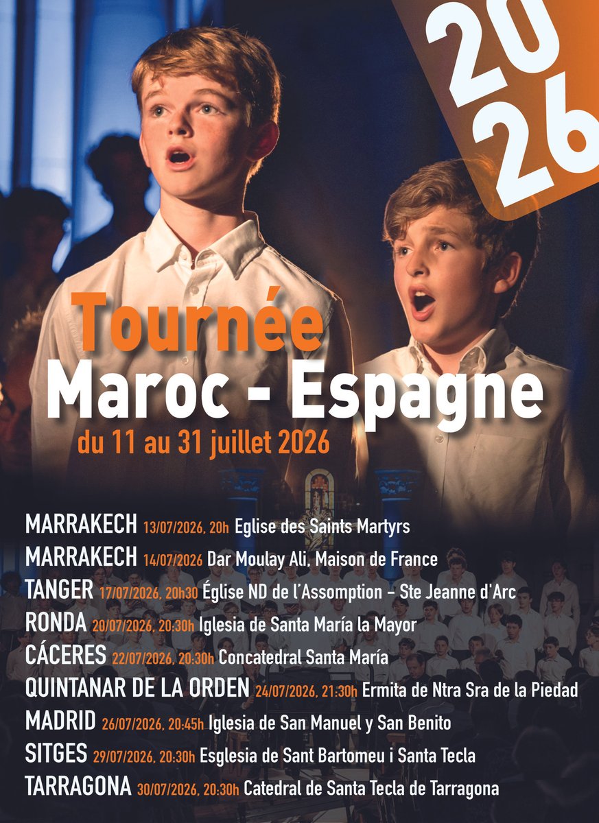 petitschanteurs's tweet photo. 🇲🇦 🇪🇸 Tournée Maroc-Espagne 2026

En juillet 2026, La Maîtrise de Sainte-Croix de Neuilly célèbre son soixante-dixième anniversaire à l��occasion d’une grande tournée en Espagne et au Maroc, marquant ainsi sa première apparition sur le continent africain. https://t.co/0rTlZet6il