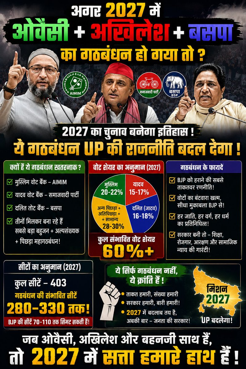 mrsaif08's tweet photo. अगर 2027 में ओवैसी + अखिलेश + बसपा एक साथ आ गए, तो उत्तर प्रदेश की राजनीति का पूरा समीकरण बदल सकता है।

आपके हिसाब से सबसे ज़्यादा फायदा किसे होगा?
🔥 बीजेपी
❤️ गठबंधन
🤔 या फिर मुकाबला बराबरी का होगा?

अपनी राय कमेंट में बताइए, पोस्ट को रिपोस्ट कीजिए और देखिए जनता क्या सोचती है।
#UP2027 #Politics #UttarPradesh