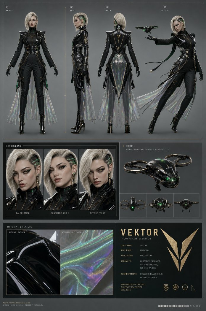 IqrasaifiAI's tweet photo. Character sheet Prompt:

"subject_definition": { "archetype": "Haute-Couture Corporate Saboteur", "physical_attributes": { "build": "Slender, statuesque, razor-sharp posture", "facial_features": "High cheekbones, Douyin-style eye makeup with sharp graphic wings, subtle glowing gold cybernetic iris", "hair": "Asymmetrical platinum blonde lob with a hidden neon-green undercut" }, "wardrobe": { "aesthetic": "High-fashion utility meets Tech-Noir luxury", "materials": "Matte ballistic nylon, glossy black patent leather, and flowing holographic chiffon" } }, "composition_and_layout": { "grid_structure": "Golden ratio character turnaround", "poses": [ "Front-facing A-pose", "Exact side profile 90-degrees", "Full back view", "Dynamic action stance deploying a micro-drone" ], "detail_callouts": [ "3x expression headshots (calculating, confident smirk, intense focus)", "Micro-surveillance drone isolated view", "Patent leather and holographic chiffon texture close-ups" ], "background": "Seamless studio sweep, neutral cool-gray" }, "cinematography_and_rendering": { "camera": { "focal_length": "85mm", "aperture": "f/8.0", "perspective": "Orthographic-style flat rendering" }, "lighting": { "setup": "Commercial studio lighting", "key_light": "Overhead softbox for soft skin diffusion and glossy reflections", "rim_light": "High-intensity emerald green to pop against the neutral background" }, "engine": "Octane Render, Unreal Engine 5, PBR textures, 8K fidelity" }