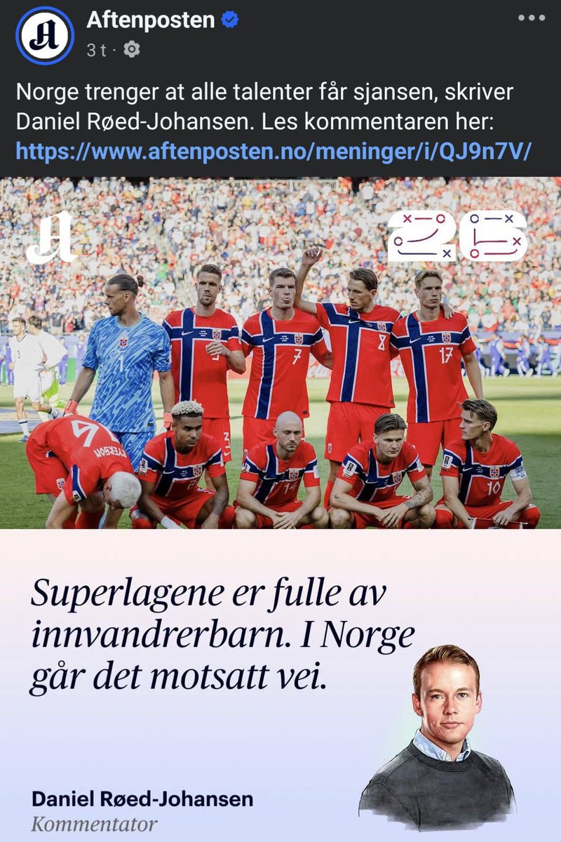 AlternativMedi3's tweet photo. Da er spørsmålet: Hvem av de nordmenn som er på laget nå burde ikke vært der for å heller gi plass til en med etnisitet som tilfredsstiller Daniels behov? https://t.co/JTfTRCEHY4