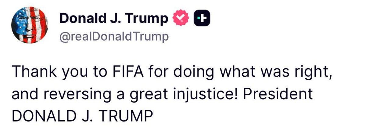 dannyctkemp's tweet photo. President Trump, the inaugural and so far sole winner of the FIFA peace prize, thanks FIFA for allowing USA's Balogun to play despite red card https://t.co/qeUMVEzRFO