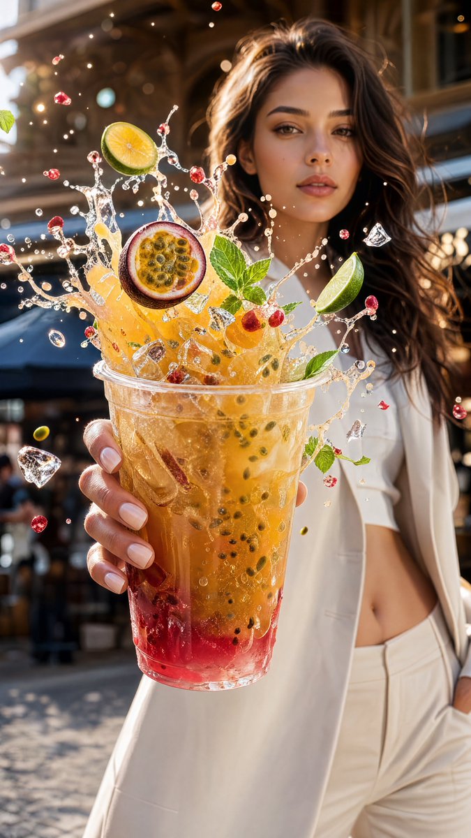 Goodmanprotocol's tweet photo. GPT Image 2 on ChatGPT 

Prompt:
Ultra-realistic luxury beverage advertisement, cinematic commercial photography, vertical 9:16.

A stylish, elegant, fashion-forward [SUBJECT] stands confidently in the background, looking directly at the camera with a calm luxury editorial expression. Wearing a modern minimalist outfit perfectly matching the color palette and mood of the drink. One hand casually in pocket while the other arm extends naturally toward the camera, holding an oversized crystal-clear cup that dominates the foreground using dramatic forced perspective.

The beverage is the undisputed hero of the image. Hyper-realistic liquid explosion frozen in time bursting upward from the cup with dynamic splash physics. Floating premium ingredients explode naturally around the splash, including [MAIN INGREDIENTS], realistic garnish, crystal-clear ice cubes, tiny droplets, sparkling particles, and subtle atmospheric elements matching the drink. Every ingredient appears suspended mid-air with cinematic precision.

The drink features beautiful swirling layers, realistic condensation, water droplets, glossy reflections, transparent cup, premium texture, and ultra-detailed ingredients. Splash shape feels energetic yet elegant, creating a luxury advertising aesthetic.

Background perfectly matches the beverage theme:
[LOCATION OR ENVIRONMENT]
Luxury café, modern city street, cherry blossom avenue, tropical garden, rooftop lounge, European street, luxury hotel, futuristic café, beach resort, forest retreat, neon nightlife, or premium indoor setting.

Lighting:
Soft cinematic sunlight or premium golden hour lighting, natural volumetric rays, realistic reflections, HDR dynamic range, global illumination, ray tracing, subtle rim light, realistic shadows.

Composition:
Extreme foreground drink occupying 60–70% of the frame, model positioned slightly behind for depth, shallow depth of field, creamy bokeh, perfect subject separation, centered composition, commercial framing, luxury branding aesthetic.

Style:
Luxury beverage campaign, Vogue editorial meets premium food photography, ultra-clean composition, hyper-realistic textures, frozen action, cinematic color grading, premium advertising quality.

Camera:
Full-frame mirrorless camera, 35mm lens, f/2.2, ultra-high resolution, HDR, razor-sharp focus on the drink, realistic skin texture, natural proportions, physically accurate lighting, no distortion.

Quality:
Photorealistic, 8K, masterpiece, commercial product photography, luxury lifestyle campaign, award-winning advertising, extremely detailed, vibrant yet realistic.

Negative prompt:
low quality, blurry, plastic skin, deformed hands, extra fingers, duplicate ingredients, melted ice, warped cup, incorrect reflections, oversaturated colors, flat lighting, text, watermark, logo, cropped drink, bad anatomy, CGI look, artificial textures, noise, artifacts.
