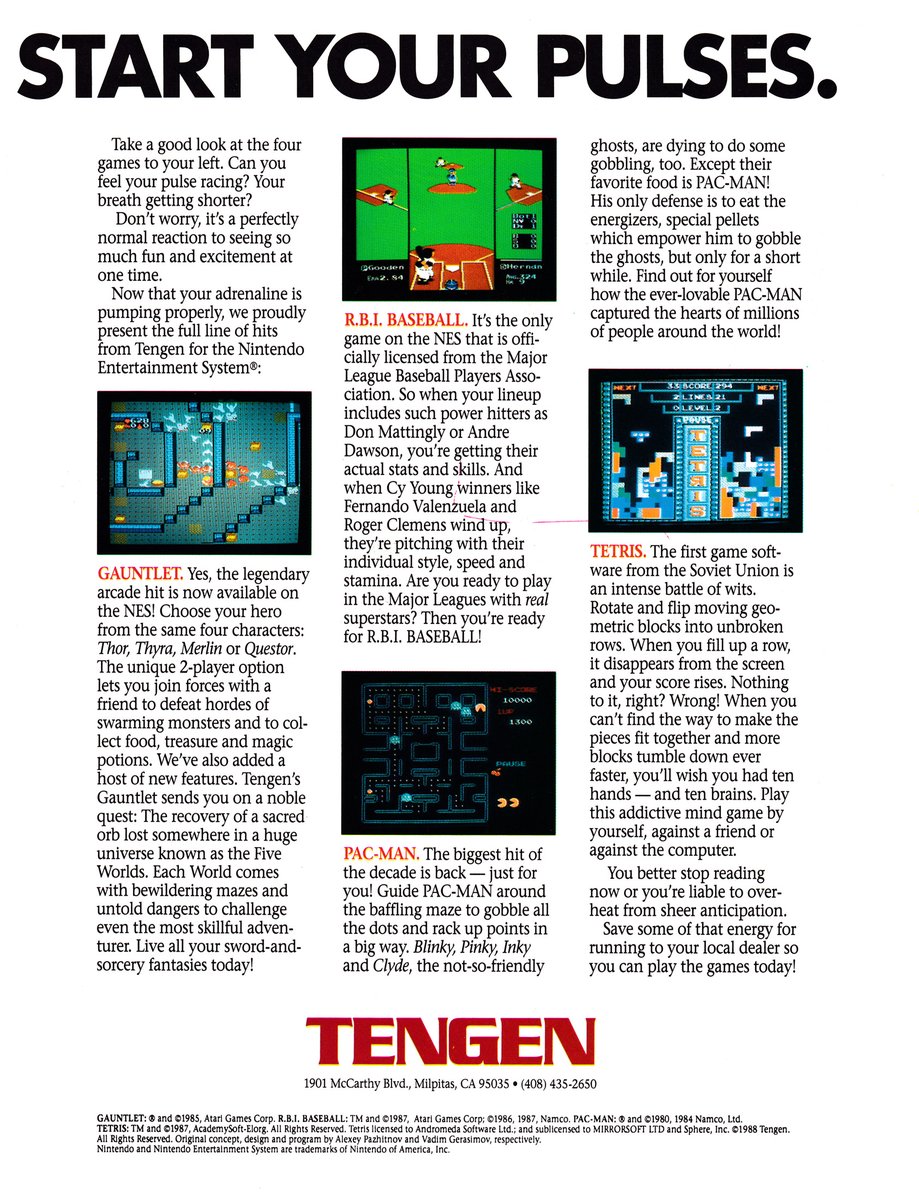 jcmartinezm82's tweet photo. #Tengen #Nintendo #NES - 2 Page Ad (1989)
#Gauntlet #PacMan #RBIBaseball #Tetris #RetroGaming #RetroGames #RetroGamer https://t.co/Xk5BX3uiOJ
