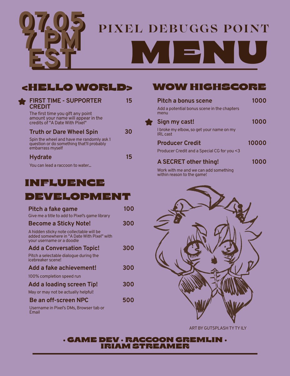 PixelDebuggs's tweet photo. DEBUT IS HAPPENING TONIGHT! 7 PM EST!!!

Also I got some hopefully interesting point incentives soooo... There's the menu! https://t.co/bzWWVKNgOG