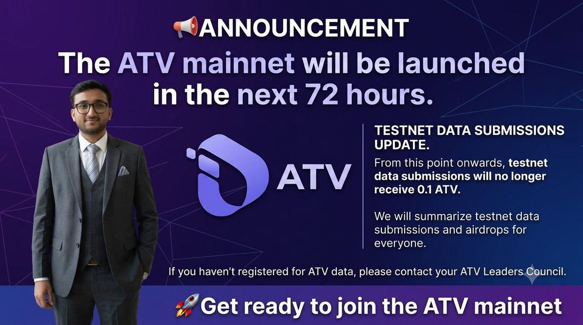 KumarShanu1019's tweet photo. 🚨 ATV Mainnet launches within 72 hours! Testnet rewards have ended, and final data will be summarized. Register through your ATV Leaders Council if needed. Prepare for mainnet—the next chapter starts now.
#InterLink #ITLG #ITL
@kv_interlink @VyxCrypto629 @itl_fdn @inter_link https://t.co/Hio1Kk9Q1t