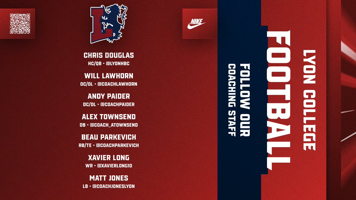 _Lyon_Football's tweet photo. FOLLOW OUR COACHING STAFF!!

@LyonHBC: HC/QB
@CoachLawhorn: OC/OL
@CoachPaider: DC/DL
@coach_atownsend: DB/SPT
@CoachParkevich: RB/TE/SPT
@XavierLong10: WRs
@CoachJonesLyon: LBs

https://t.co/xCgGmRBVz3

#LyonWay #FastandFurious #d3fb https://t.co/GANN3leFHU