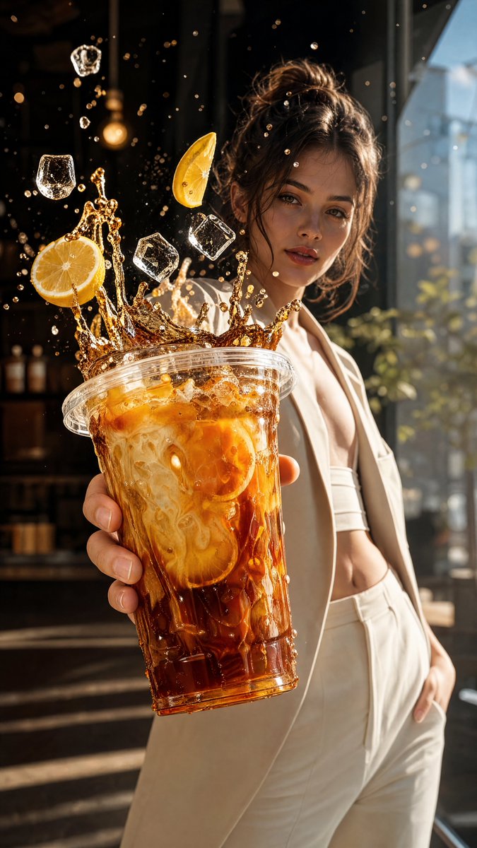 Goodmanprotocol's tweet photo. GPT Image 2 on ChatGPT 

Prompt:
Ultra-realistic luxury beverage advertisement, cinematic commercial photography, vertical 9:16.

A stylish, elegant, fashion-forward [SUBJECT] stands confidently in the background, looking directly at the camera with a calm luxury editorial expression. Wearing a modern minimalist outfit perfectly matching the color palette and mood of the drink. One hand casually in pocket while the other arm extends naturally toward the camera, holding an oversized crystal-clear cup that dominates the foreground using dramatic forced perspective.

The beverage is the undisputed hero of the image. Hyper-realistic liquid explosion frozen in time bursting upward from the cup with dynamic splash physics. Floating premium ingredients explode naturally around the splash, including [MAIN INGREDIENTS], realistic garnish, crystal-clear ice cubes, tiny droplets, sparkling particles, and subtle atmospheric elements matching the drink. Every ingredient appears suspended mid-air with cinematic precision.

The drink features beautiful swirling layers, realistic condensation, water droplets, glossy reflections, transparent cup, premium texture, and ultra-detailed ingredients. Splash shape feels energetic yet elegant, creating a luxury advertising aesthetic.

Background perfectly matches the beverage theme:
[LOCATION OR ENVIRONMENT]
Luxury café, modern city street, cherry blossom avenue, tropical garden, rooftop lounge, European street, luxury hotel, futuristic café, beach resort, forest retreat, neon nightlife, or premium indoor setting.

Lighting:
Soft cinematic sunlight or premium golden hour lighting, natural volumetric rays, realistic reflections, HDR dynamic range, global illumination, ray tracing, subtle rim light, realistic shadows.

Composition:
Extreme foreground drink occupying 60–70% of the frame, model positioned slightly behind for depth, shallow depth of field, creamy bokeh, perfect subject separation, centered composition, commercial framing, luxury branding aesthetic.

Style:
Luxury beverage campaign, Vogue editorial meets premium food photography, ultra-clean composition, hyper-realistic textures, frozen action, cinematic color grading, premium advertising quality.

Camera:
Full-frame mirrorless camera, 35mm lens, f/2.2, ultra-high resolution, HDR, razor-sharp focus on the drink, realistic skin texture, natural proportions, physically accurate lighting, no distortion.

Quality:
Photorealistic, 8K, masterpiece, commercial product photography, luxury lifestyle campaign, award-winning advertising, extremely detailed, vibrant yet realistic.

Negative prompt:
low quality, blurry, plastic skin, deformed hands, extra fingers, duplicate ingredients, melted ice, warped cup, incorrect reflections, oversaturated colors, flat lighting, text, watermark, logo, cropped drink, bad anatomy, CGI look, artificial textures, noise, artifacts.