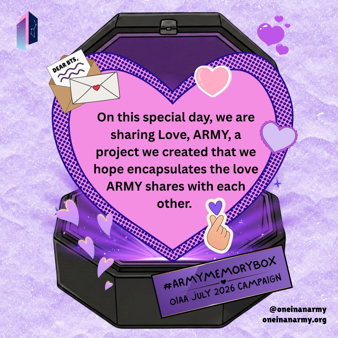 OneInAnARMY's tweet photo. Inside #ARMYMemoryBox, we carry proof that love can move outward. That what BTS has given us can become something we pass on. Our gift to ARMY for our anniversary is a virtual letter box filled with messages from ARMY, for ARMY: https://t.co/jZtUV3naPr https://t.co/aFaozCAKV0