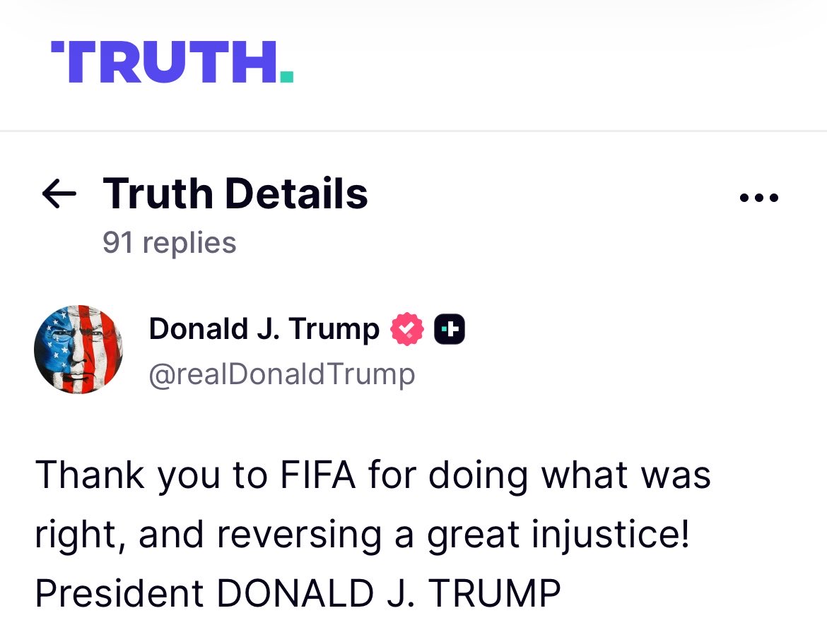 RobHarris's tweet photo. Trump thanks FIFA for reinstating Balogun

“Thank you to FIFA for doing what was right, and reversing a great injustice! President DONALD J. TRUMP” https://t.co/tbNIwuBxAA