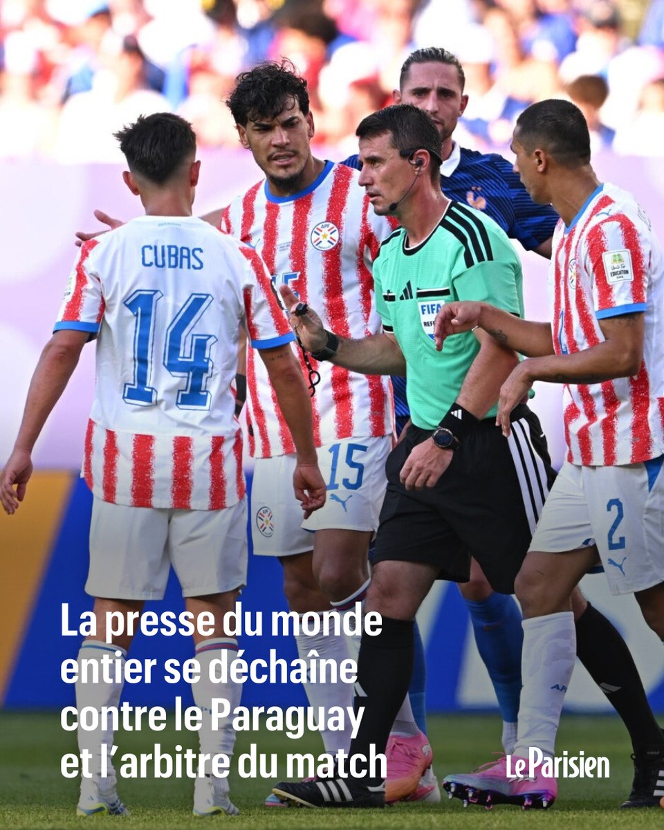 le_Parisien's tweet photo. «Ils ont sali notre sport» : à l'exception des médias paraguayens, les observateurs du monde entier ont déploré la piètre performance du Paraguay en huitièmes de finale de Coupe du monde face à la France, ainsi que celle de l’arbitre, dépassé par les événements ➡️ https://t.co/jJFPczmXk8