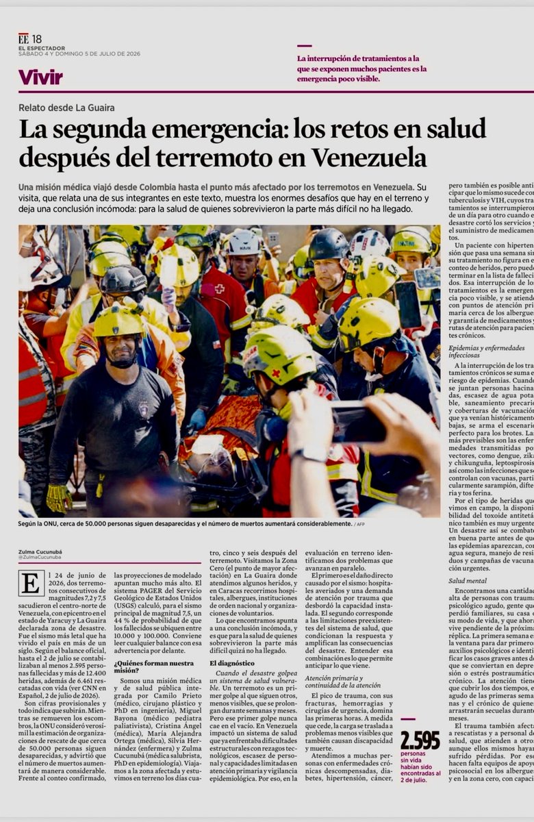 ZulmaCucunuba's tweet photo. A partir de nuestra experiencia en la misión médica en #Venezuela, compartimos una reflexión sobre los desafíos de Salud Pública que enfrentará el país luego del terremoto, después de que termina la fase de rescate.

Gracias a @elespectador por la invitación @SergioSilva03 

@CamiloPrietoVal @DrBarbuchas