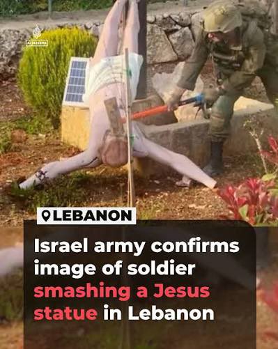 Megatron_ron's tweet photo. BREAKING: 🇮🇱🇱🇧 Benjamin Netanyahu claims Christians in Lebanon want to be annexed and be a part of Israel for the rest of their lives despite he already carpet bombed most of them

There are also multiple footage of Israeli soldiers destroying churches and there is also the famous image of the Israeli soldier destroying the statue of Jesus Christ