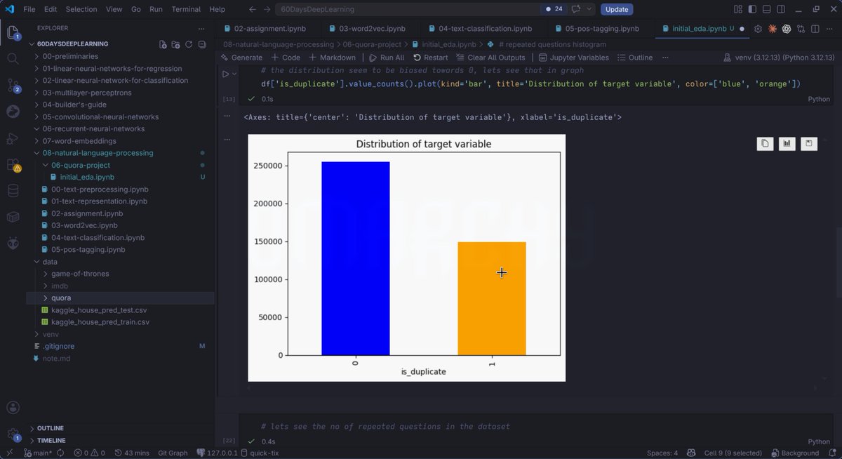 m76760052's tweet photo. #LSPPDay35
- Started working on a Quora Question Pairs project
and performed initial EDA to understand the dataset and target distribution
- Analyzed duplicate questions, class imbalance, and question frequency
@lftechnology #60DaysOfLearning2026 #LearningWithLeapfrog https://t.co/0Ymwvb5g6o