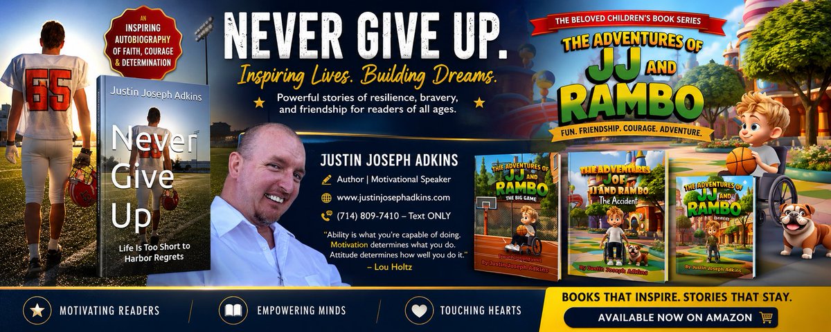ClaraWhit11's tweet photo. Every great book deserves to be discovered. Proud to showcase this custom banner I designed for author Justin Joseph Adkins, featuring Never Give Up and the JJ &amp; Rambo series. Great stories deserve great visibility. #BookMarketing #IndieAuthor  #AuthorsOfX https://t.co/wrEAeQwqX5