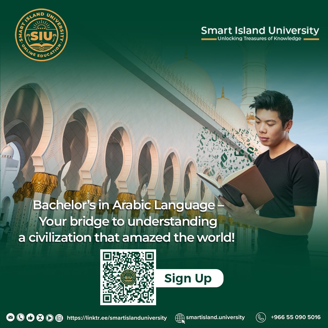 smartislanduni's tweet photo. "🌍 في جامعة سمارت آيلاند، نقدم لك بكالوريوس اللغة العربية لغير الناطقين بها، لتكون خطوتك الأولى نحو اكتشاف كنوز الحضارة الإسلامية، وبناء جسور التواصل بين الشعوب.  

📚✨ هل أنت مستعد لتبدأ رحلتك نحو عالم أوسع من الفهم والثقافة؟ https://t.co/lhdB5y0h2a