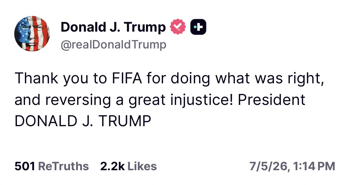 albamonica's tweet photo. President Trump thanks FIFA for “reversing a great injustice” by suspending Folarin Balogun’s red-card ban, allowing him to play Monday against Belgium in the World Cup https://t.co/IQjIq55A7K