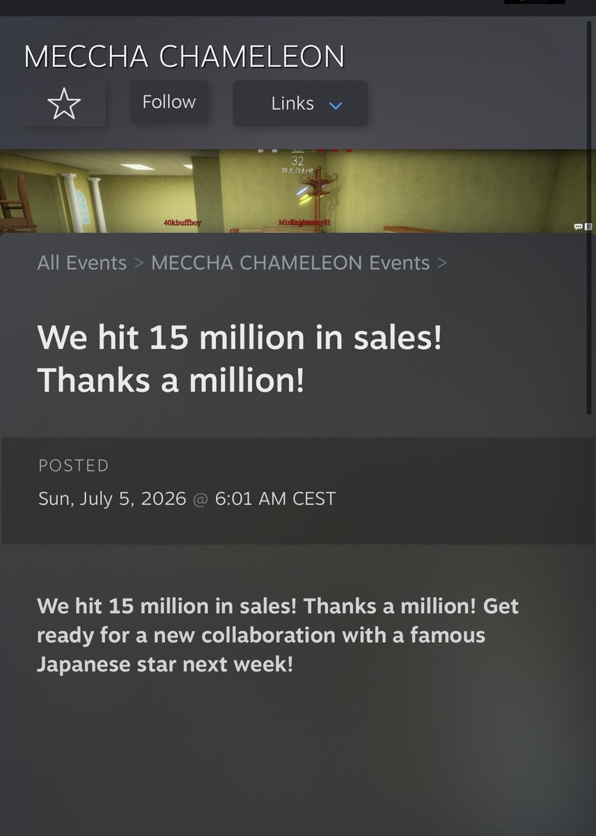 Pirat_Nation's tweet photo. Meccha Chameleon reached 15 million copies sold in about 26 days after its launch 

It previously hit 10 million copies in just 16 days

The developers thanked players for the incredible support and confirmed that a collaboration with a famous Japanese star will be revealed in about a week.