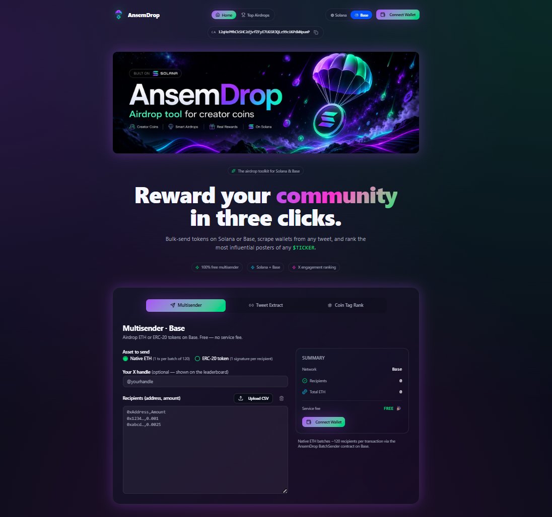 Ansemdrop_xyz's tweet photo. New #AnsemDrop feature is live ๐ช
Weโre expanding to Base Network ๐ต
Multisender now supports:
๐ต Native ETH
๐ช ERC-20 tokens
Bulk-send rewards on Base with no service fee.
Solana + Base.
One airdrop toolkit.
https://t.co/tkFJd5xn3W https://t.co/rXxIEouMCi