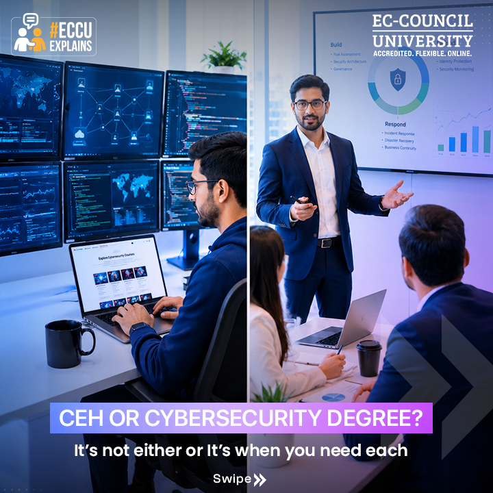 EC_Council_Univ's tweet photo. Whether you're starting with certifications or aiming for a cybersecurity degree, explore EC-Council University's programs here: https://t.co/TjG6B887ts

CEH or a cybersecurity degree?
The better question is: When do you need each?

#ECCU #CyberSecurity #CEH #CyberSecurityDegree https://t.co/nU18NJbite