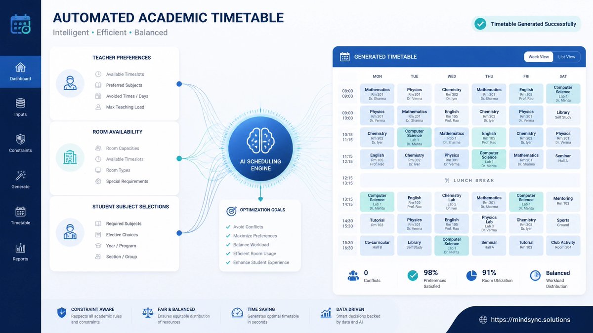 MindSyncSOL's tweet photo. Stop spending weeks on manual timetables. MindSync SIMS uses AI constraint-based scheduling to harmonise teacher preferences, room availability, and student choices in minutes. Achieve organised efficiency with ease.

#SchoolManagement #EdAdmin #SIMS #SchoolData https://t.co/9E4P0WalvR