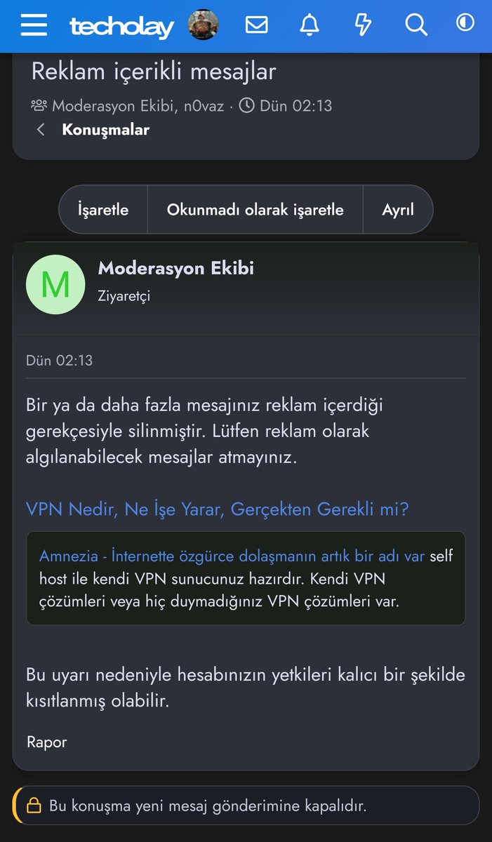 TanerBXI's tweet photo. @techolay Sadece VPN programı olduğunu, self-host VPN programı diye yazdım. Direkt reklam olarak algılanıyor ve ban var. Bu da @techolay forum için haksız bir durum. Bu tür olaylar oldukça forumda kalmanın ve forumun büyümesinin anlamı yok. https://t.co/q0TdGYHAsx