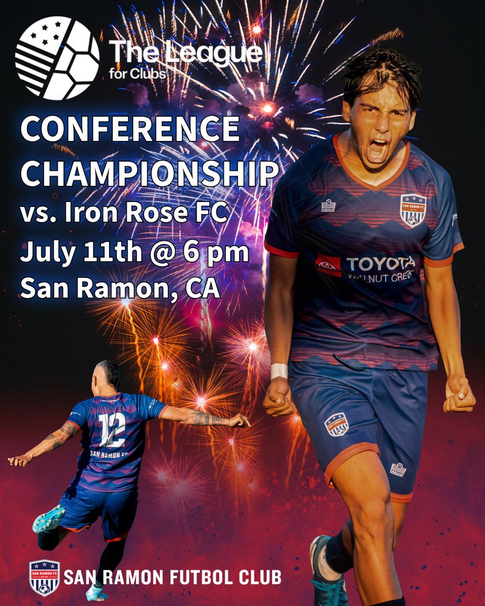 SanRamonFC's tweet photo. Expect fireworks on the field this Saturday as the top two seeds clash for the NorCal Conference championship in San Ramon! 

No. 1 seed San Ramon FC hosts no. 2 seed Iron Rose FC. 

Winner advances to @theleague_fc national title competition. 
#SanRamonFC
#Soccer
#California https://t.co/q1X75jmOcS
