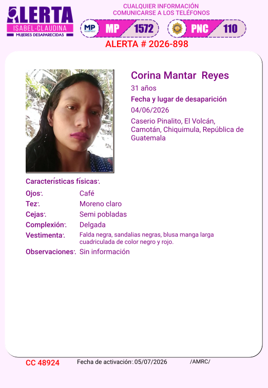 isabel_claudina's tweet photo. #AlertaIsabelClaudina
🚨 Ayúdenos a encontrar a
CORINA MANTAR REYES
Desapareció el 04 de junio del año 2026
Cualquier información comunicarse al teléfono 📞 1572
Gracias por difundir esta información❗ https://t.co/aLaM2G0o8e