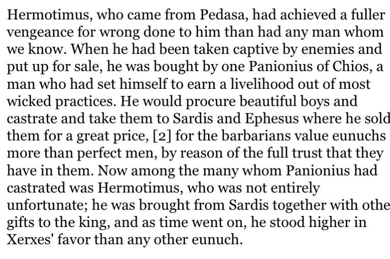 sonnysehra's tweet photo. herodotus writes about a man forced into slavery &amp; castrated, who then became the favorite eunuch of persian king xerxes &amp; used his position of authority in the achaemenid court to take revenge against the man, by forcing him to castrate his sons and having his sons castrate him https://t.co/YmOJBmk3R1