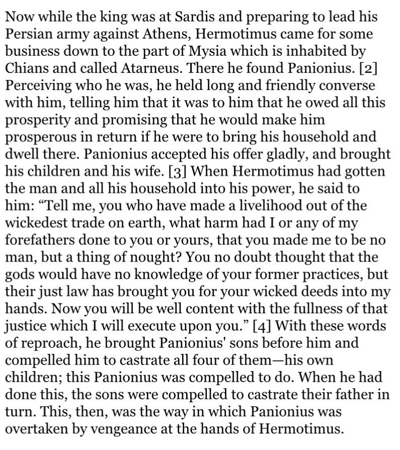 sonnysehra's tweet photo. herodotus writes about a man forced into slavery &amp; castrated, who then became the favorite eunuch of persian king xerxes &amp; used his position of authority in the achaemenid court to take revenge against the man, by forcing him to castrate his sons and having his sons castrate him https://t.co/YmOJBmk3R1