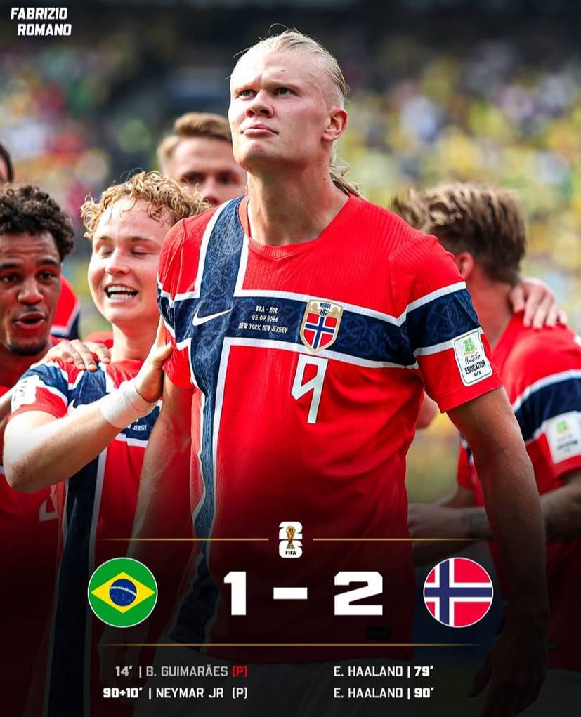 Agabzy8's tweet photo. 🇳🇴 Norway knocks out Brazil!

Brace by Haaland ⚽️⚽️
Two assists by Schjelderup 🅰️🅰️

Neymar scores from the penalty spot! 🎯 https://t.co/tLEuJj0FtY