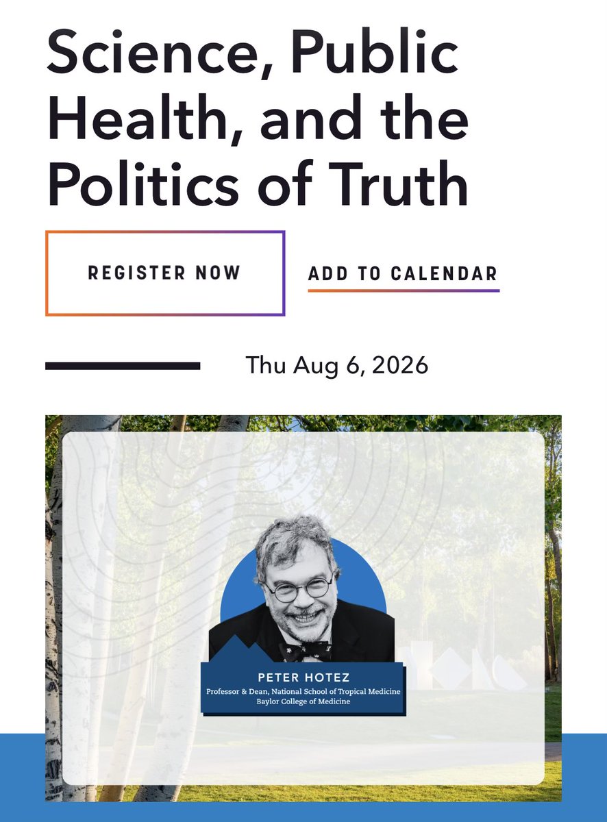 PeterHotez's tweet photo. I look forward to speaking in the McCloskey Speaker Series at the Aspen Institute @AspenInstitute in Aspen, Colorado, Thursday August 6
https://t.co/FKwAf894Y1 https://t.co/bEL7yux7wc