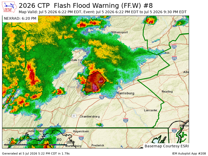 WCCH2024's tweet photo. CTP issues Flash Flood Warning [flash flood: radar indicated] for Juniata, Perry [PA] till Jul 5, 9:30 PM EDT https://t.co/pAb6lPXAr6 https://t.co/bHcYDMxu1n
