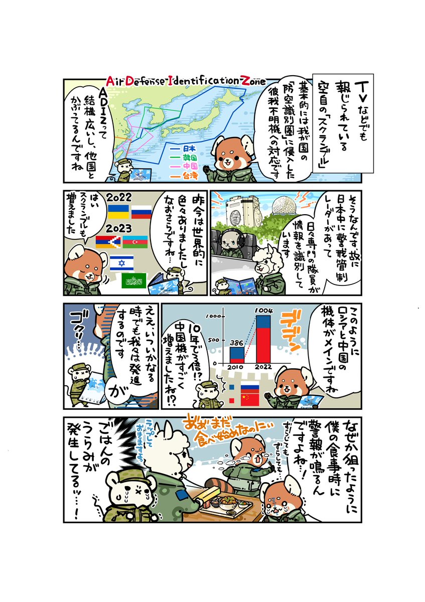 fukaking's tweet photo. 【☆どうぶつ自衛隊☆】         
★どうぶつ自衛官の日常４コマ漫画を陸上自衛隊東部方面隊HPにて連載中！
新作は月1目安で更新されます！

第49話「ＡＤＩＺの食卓」
「防空識別圏」、無断で勝手に入ってくる「もの」を日々空自のレーダー監視の隊員さん方がチェックしているという訳です！ https://t.co/3Pn5OIfUSK
