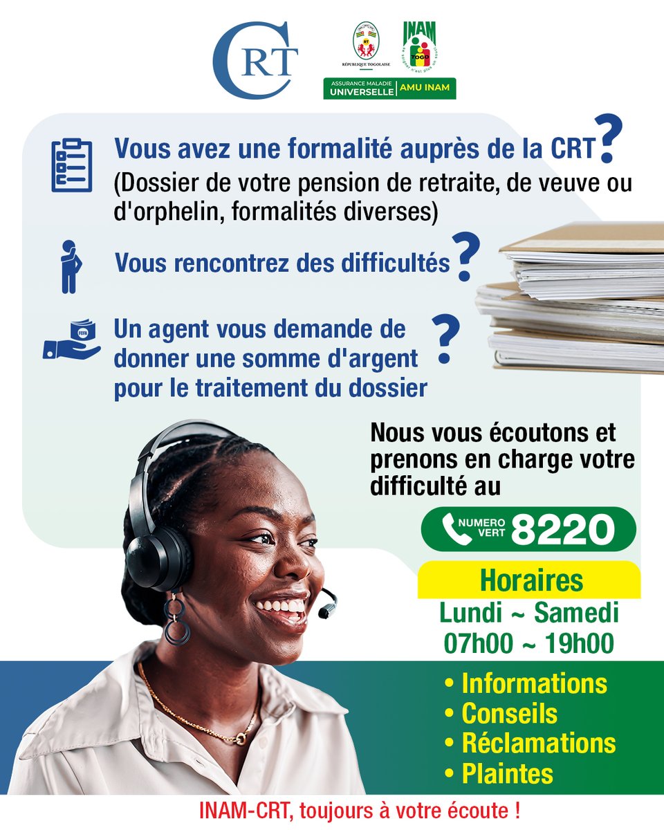 InamTogo's tweet photo. 👉Nous vous écoutons et prenons en charge votre difficulté au numéro vert 8220.
#CRT #INAM #bénéficiaires #pensions #pensionnés #retraité #fonctionpublique #togo #gouvernementtogolais https://t.co/JvzCVCtwCI
