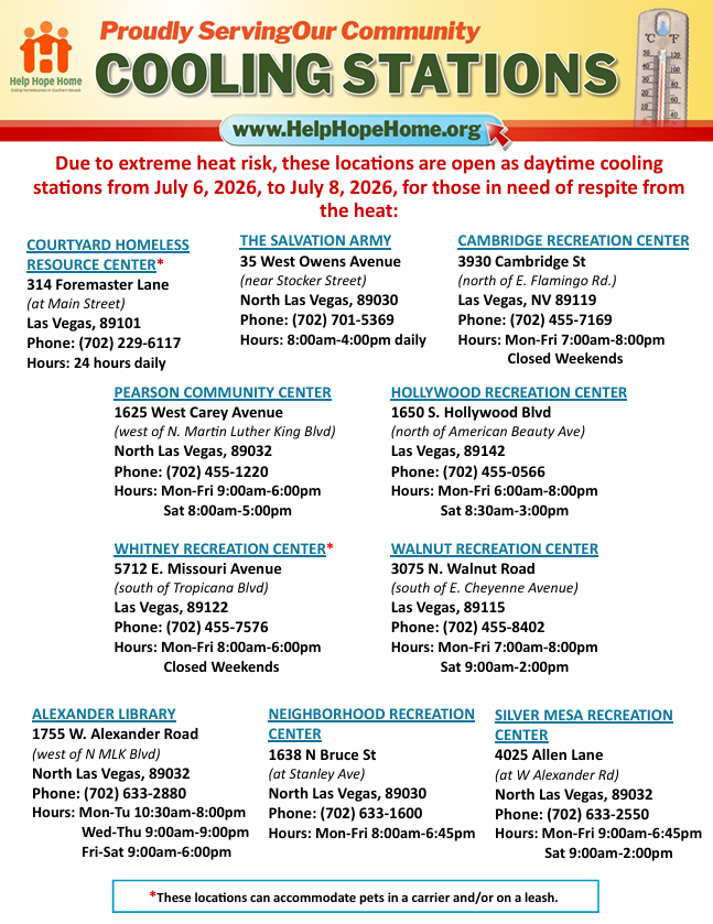 ClarkCountyNV's tweet photo. #WeatherAlert 
🚨
Due to an extreme risk with high temperatures expected across Southern Nevada, cooling stations will be activated across #ClarkCounty July 6-8 to offer people in need a cool, indoor space to escape the heat.
🌡️ ☀️
A list of sites can be found below. https://t.co/bcTjHMarKL