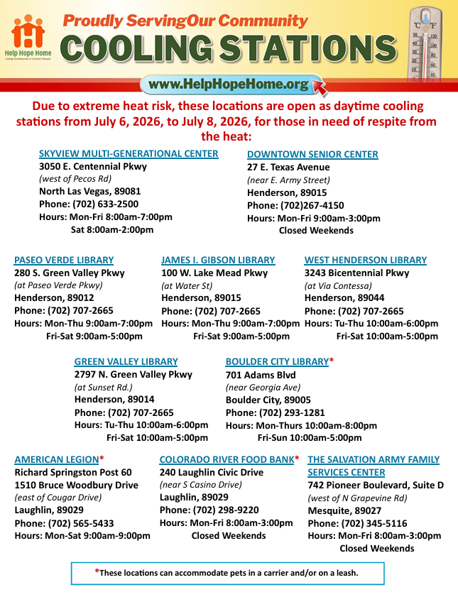 ClarkCountyNV's tweet photo. #WeatherAlert 
🚨
Due to an extreme risk with high temperatures expected across Southern Nevada, cooling stations will be activated across #ClarkCounty July 6-8 to offer people in need a cool, indoor space to escape the heat.
🌡️ ☀️
A list of sites can be found below. https://t.co/bcTjHMarKL