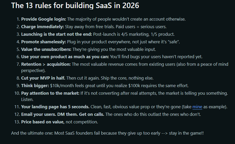 bitclaw's tweet photo. There are no "13 rules" for SaaS.

There are only trade offs.

- Free trial vs. paid.
- PLG vs. sales.
- Niche vs. broad.
- Growth vs. retention.

The only real rule is: build something people keep paying for. https://t.co/fY4qlqmbeX