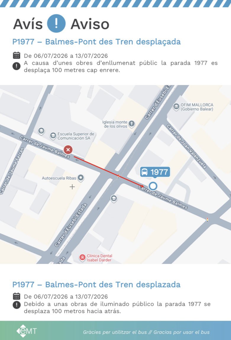EMT_Palma's tweet photo. #AvisosEMT ⚠️ Es desplaça la parada 1977 des de dia 06/07 fins dia 13/07. Consulta els detalls! ⬇️
-
⚠️ Se desplaza la parada 1977 desde el día 06/07 hasta el día 13/07. ¡Consulta los detalles! ⬇️ https://t.co/OgczuEbixY