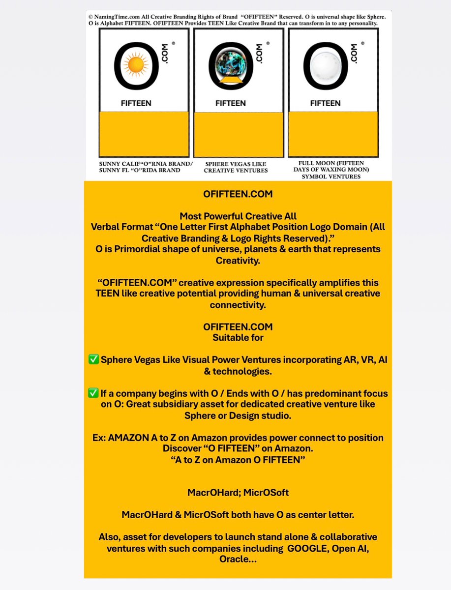 NamingTime's tweet photo. https://t.co/LJ9tOnigWq: Most Powerful Creative Domain of World to Own. 

World’s Most Powerful All Verbal Format One Letter First Alphabet Position Suffix 

✅ Creative Name
✅ Creative Logo
✅ Domain for Multiple Industries. 

https://t.co/LJ9tOnigWq is “center focus” and ultimate creative logo one letter .COM of all one letter domain #DigitalAssets. 

“✅👍💯 Copyright protected creative logo .COM alternatives to raw single letter domains.”

https://t.co/LJ9tOnigWq: Most valuable ONE Letter first creative logo .COM of World. 

✅👍💯 More details on our timeline posts. 

#branding 
#rebranding 

#AR #VR #spherevegas like ventures #oculus devices #Watches 

https://t.co/LJ9tOnigWq: 

Updated Res: $600 Millions. 

Note: Nike Logo alone worth $26 Billions.

Most Powerful One Letter focused 

✅ Creative Name 
✅ Creative Logo 
✅ Domain 

@Rolex

@netflix

@xbox

 #videogames #sports #endurance #fitness #antiaging #health #supplements 

@Microsoft

@BillGates

@Google

@sundarpichai

@nvidia

@gregestes

@TaiwanSemi_TSC

@Oprah 
@porlando 
@kevinolearytv 
@oakley 
@finkd 
@miramurati 

@JeffBezos

@ajassy

@oracle

@larryellison

@xai

@shivon

@elonmusk

@kimbal

@Quantum_ATS

@MSFTQuantum

@XanaduAI

@QuantinuumQC

@dwavequantum

@rigetti

@PsiQuantum

@QCWare

@Atos

@ToshibaUSA

@infleqtion

@AlibabaGroup

@JackMa

@blueorigin

@BlueQubitIO

@Cisco

@IBM

@demishassabis

@ylecun

@GoogleDeepMind

 #quantum #QuantumWallet 
@sriramk

  #Chips #hardware #software 
@aarthir

@justinsuntron

@bleximo

https://t.co/LJ9tOnigWq: “ETERNAL CREATIVE BRAND VALUE” for next legacy creative #brand #rebrand. 
Most Powerful One Letter Creative Logo .COM with original creative Logo that can exceed value of Nike Logo ($26 Billions). 

#DigitalAsset of World for next Apple like Legacy Brand Product / Company or for Brand/ Rebrand of multiple industry companies.
https://t.co/LJ9tOnigWq: Most Powerful One Letter Creative Logo .COM Asset of World for next Apple like Legacy Brand Product / Company or for Brand/ Rebrand for 

✅ Creative Technology venture like Sphere powered with AR, VR & for Creative Vision products like Oculus.

✅ Extraordinary Quality, Versatility & Technological Innovation Ventures with a combination of most powerful universal shape & TEEN Creative Brand Power Combined Together. 

Value: https://t.co/83amllKCyX is alone valued at $872M out of $2.3 Billions company value.

Creative #brand #marketing #rebrand All Verbal One Letter Logo savvy (Hence protected by copyright law and trademarkable) .COM assets more powerful than respective one letter domains. Note: While Domains are powerful brand consolidation/ marketing slogan .COM assets, domains  may also be used in non conflicting categories.  

https://t.co/LJ9tOnigWq > O .com because it represents “TEEN” Creative power of universal primordial creative shape O (Circle/Wheel) 

https://t.co/5Jw06Ha4hX “Maybe” > X .com as brand/marketing asset because it represents objective unamplified unfiltered connectivity with customers all hours of day and hence, all hours of life. Also great for watches, phone, search engine…

https://t.co/stkMJg0FPR > Z .com because it amplifies the power of Z in neat all verbal format emphasizing zenith of performance, sport, results, fitness, health, antiaging power for maximum years of life. 

#AR #VR #spherevegas #Rolex 
@Rolex