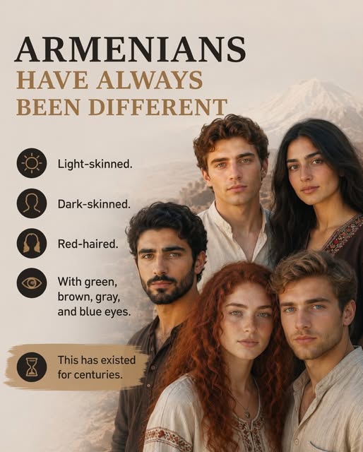 levantonaganyan's tweet photo. For approximately 8,000 years, the Armenian gene pool has remained largely unchanged. 

Armenians have always exhibited significant phenotypic diversity — including individuals with light and dark skin tones, red, light, and dark hair, as well as a wide range of eye colors such as black, brown, green, and blue. 

This diversity stems from the fact that Armenians were formed through the admixture of many ancient tribes.  Their ancestors inhabited a variety of ecological zones: from high mountainous regions to the fertile Ararat Valley, the warmer shores of Lake Van, and colder highland areas.

Even today, the small territory of Armenia features remarkably diverse climates depending on the region.  
Throughout their history, Armenians have been characterized by this internal diversity, which in no way undermines their genetic or ethnic continuity. 

On the contrary, it is a testament to their rich heritage — and that is truly wonderful.