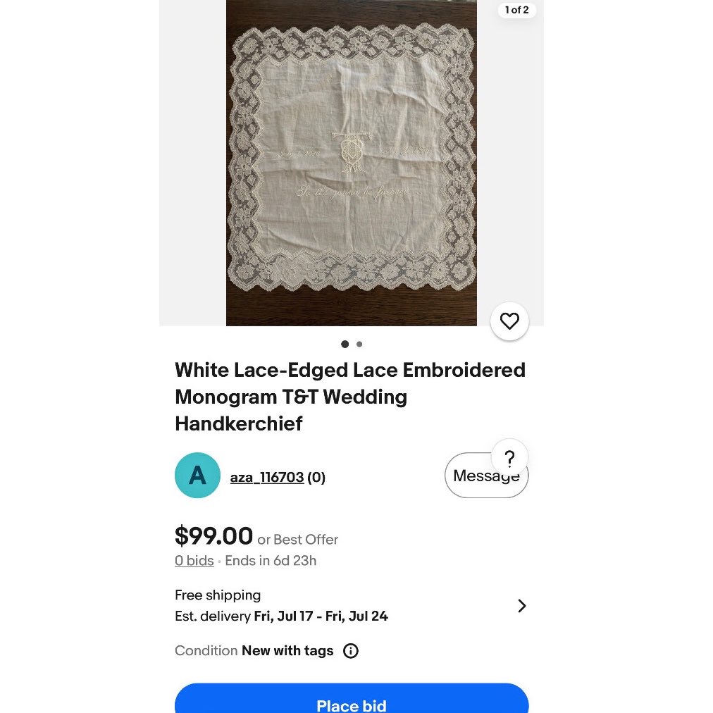 theTSupdates's tweet photo. ‼️| An UNDESERVING invitee is selling their handkerchief from Taylor Swift’s wedding. https://t.co/Kmb4hfHEXO