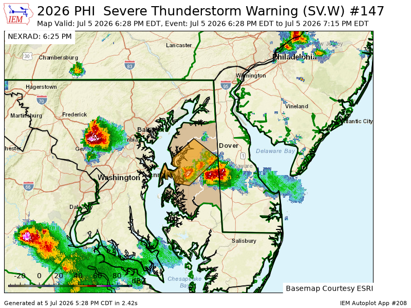 WCCH2024's tweet photo. PHI issues Severe Thunderstorm Warning [wind: 60 MPH (RADAR INDICATED), hail: 0.88 IN (RADAR INDICATED)] for Caroline, Kent, Queen Anne's, Talbot [MD] till 7:15 PM EDT https://t.co/tXqmJidehA https://t.co/DsZFH24QJM