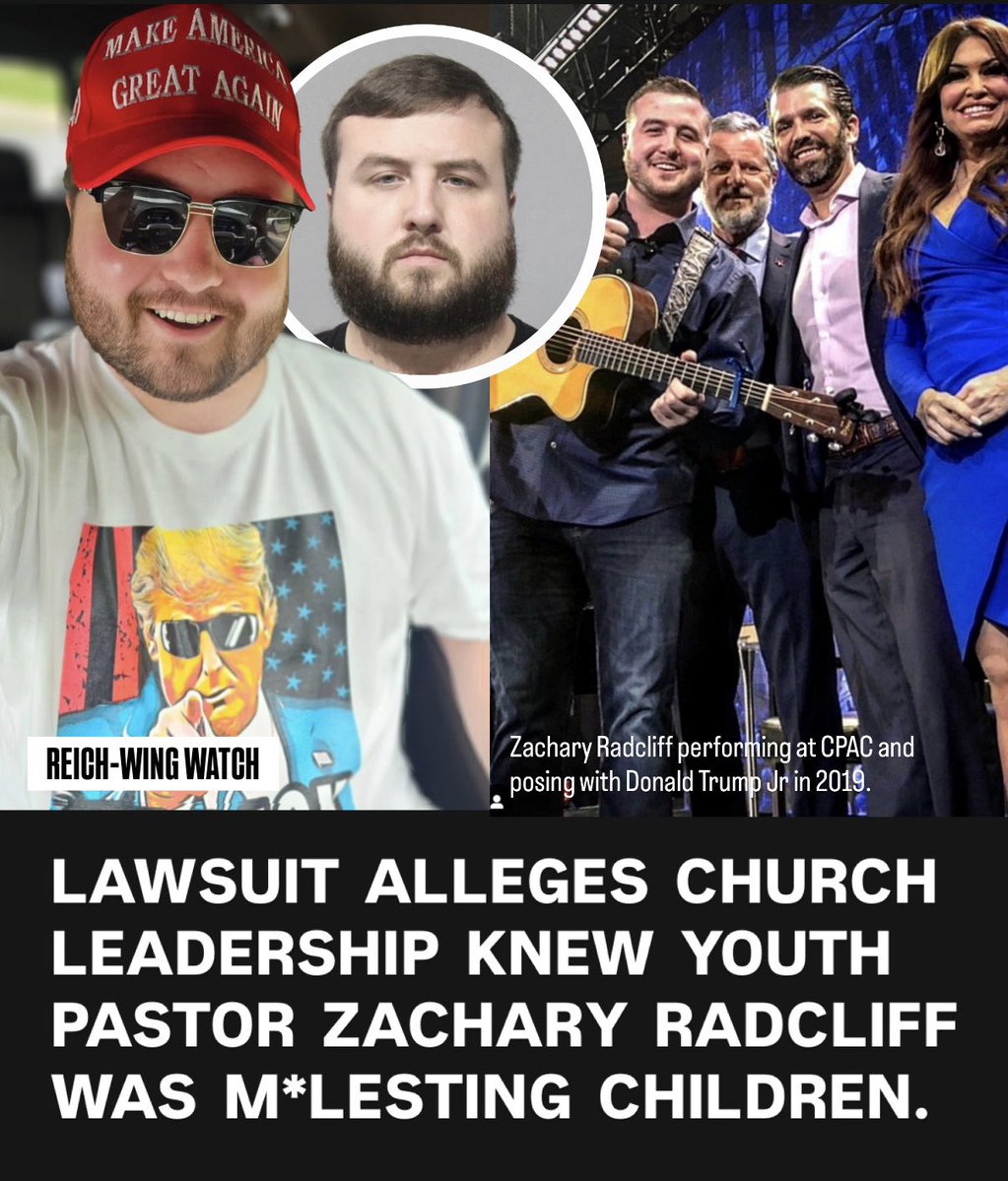 ReichWingWatch's tweet photo. 🚨Zachary Radcliff, former worship director and interim youth pastor at Oakwood Church in Augusta Township, Michigan, is facing 60 felony charges: first-degree criminal s*xual conduct, child s*xually abusive activity, and using a computer to commit a crime. 

Prosecutors say the abuse spanned more than a decade, with multiple victims identified.

Radcliff’s father, Frank Radcliff, is the church’s senior pastor. Two lawsuits now allege that church leadership — including Frank — knew about the abuse for years before it became public, despite Frank claiming he was “shocked” when charges were filed in 2024.

One lawsuit claims that around 2021, a victim reported inappropriate physical contact to a family member in church leadership, who “took no meaningful action.” 

Another plaintiff alleges he was 11 or 12 when he stayed overnight at the Radcliff home and slept in the same bed as Zachary — in their underwear — and that Zachary later coerced him into sending s*xually explicit videos for money.

A judge overseeing the case didn’t mince words, calling Radcliff one of the most “egregious predators” he’s seen in over 25 years on the bench. Radcliff has been denied bond.

Radcliff was a Liberty University Music alum who performed his song “I’ll Stand” at CPAC in 2019 and posed for photos with Donald Trump Jr. — because of course.

Conservative Christian family values everyone! Brought to you by the people who scream about LGBTQ people being immoral sinners all day long.